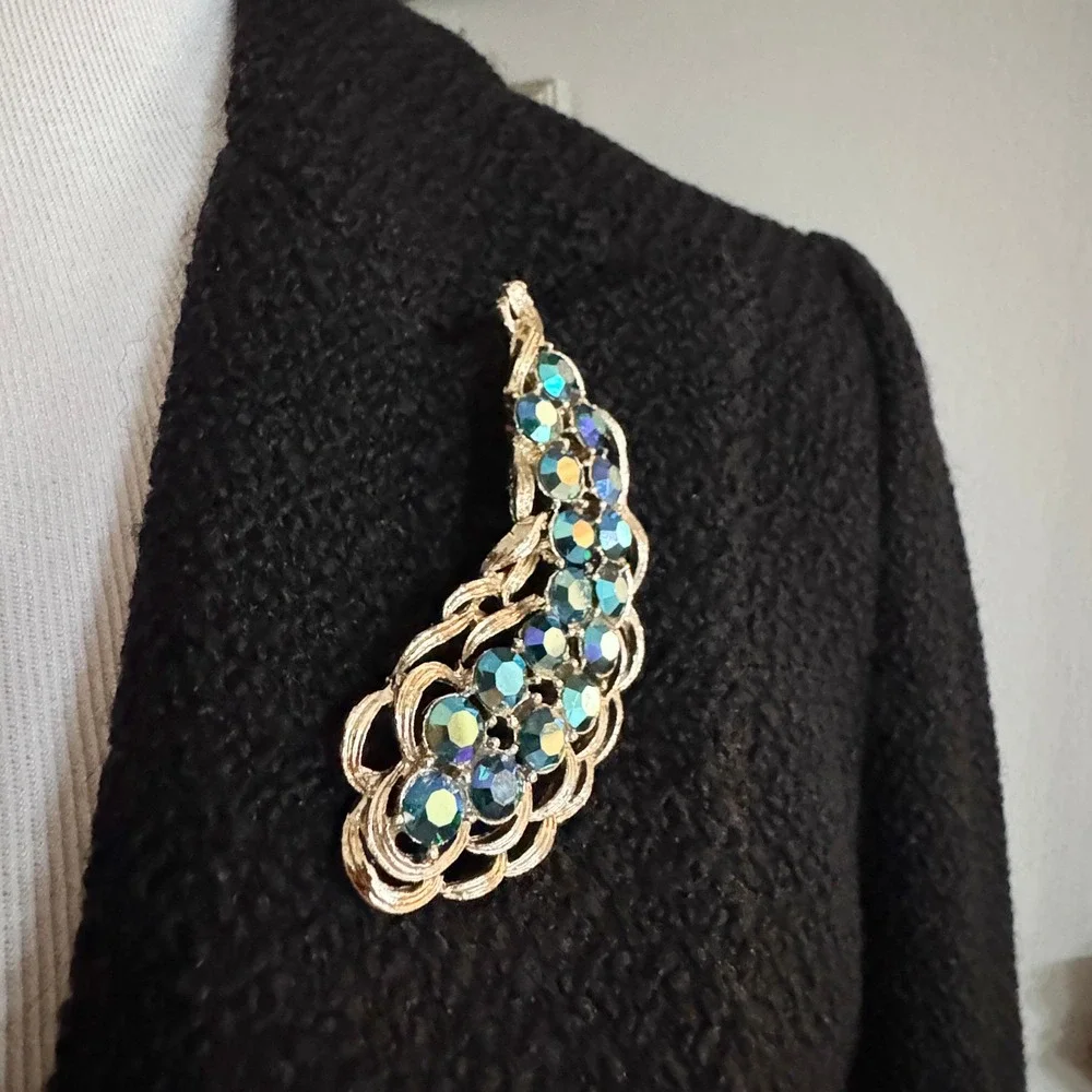 Vintage Statement‎ Brooch Pin Peacock Blue Green Aurora Borealis Rhinestones